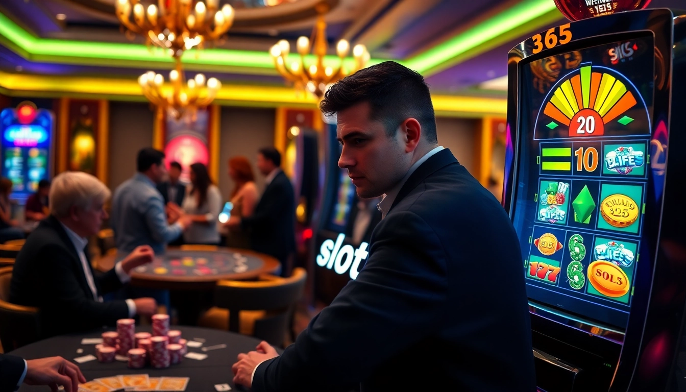 Experience the excitement at slot365 with vibrant slot machines and engaging players in a luxury casino setting.