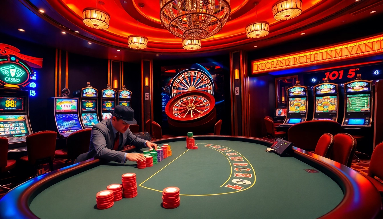 Engage in thrilling games at 88i đăng nhập with vibrant casino visuals showcasing poker and slot machines.