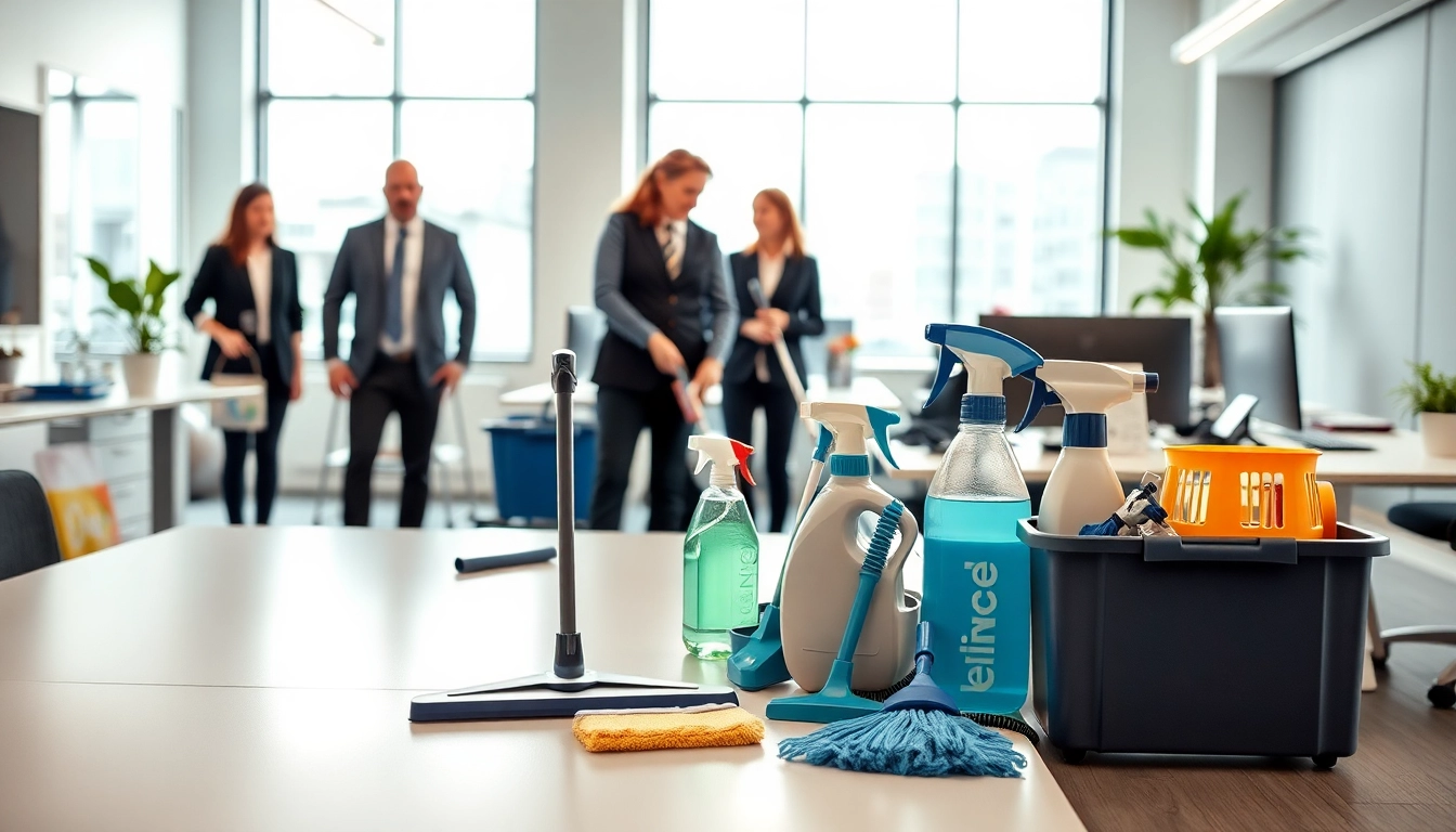 Büroreinigung Berlin bei der Arbeit mit professionellen Reinigungskräften in einem modernen Büro.