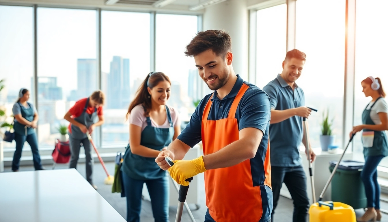 Erfahrene Fachkräfte bei der gebäudereinigung münchen, die einen modernen Büroraum reinigen.