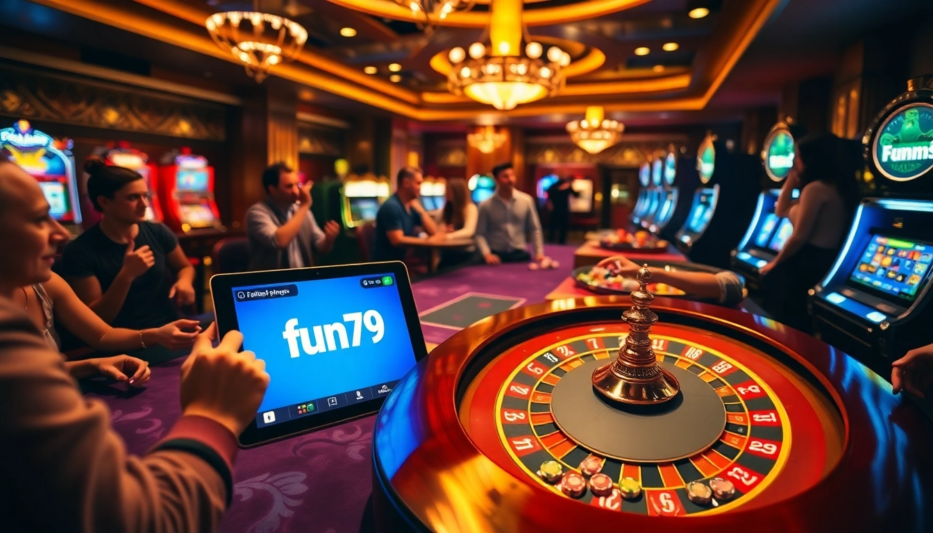 Fun79 players enjoying a thrilling casino experience with roulette and slot machines.