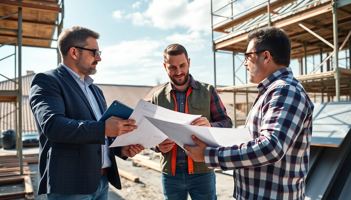 Dachplanung Experten besprechen ein Projekt am Bau mit Plänen und Tablets.