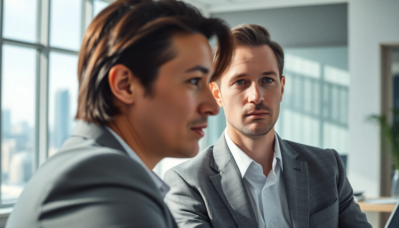 Head hunter Schweiz in einem modernen Büro, der in ein Gespräch vertieft ist