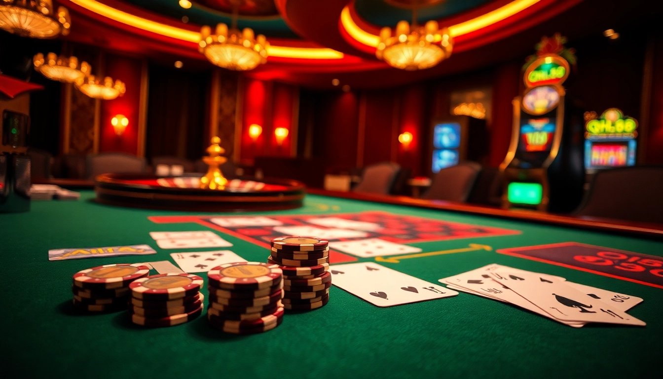 Experience thrilling action at qh88 casino with vibrant gaming tables, poker chips, and roulette wheels.