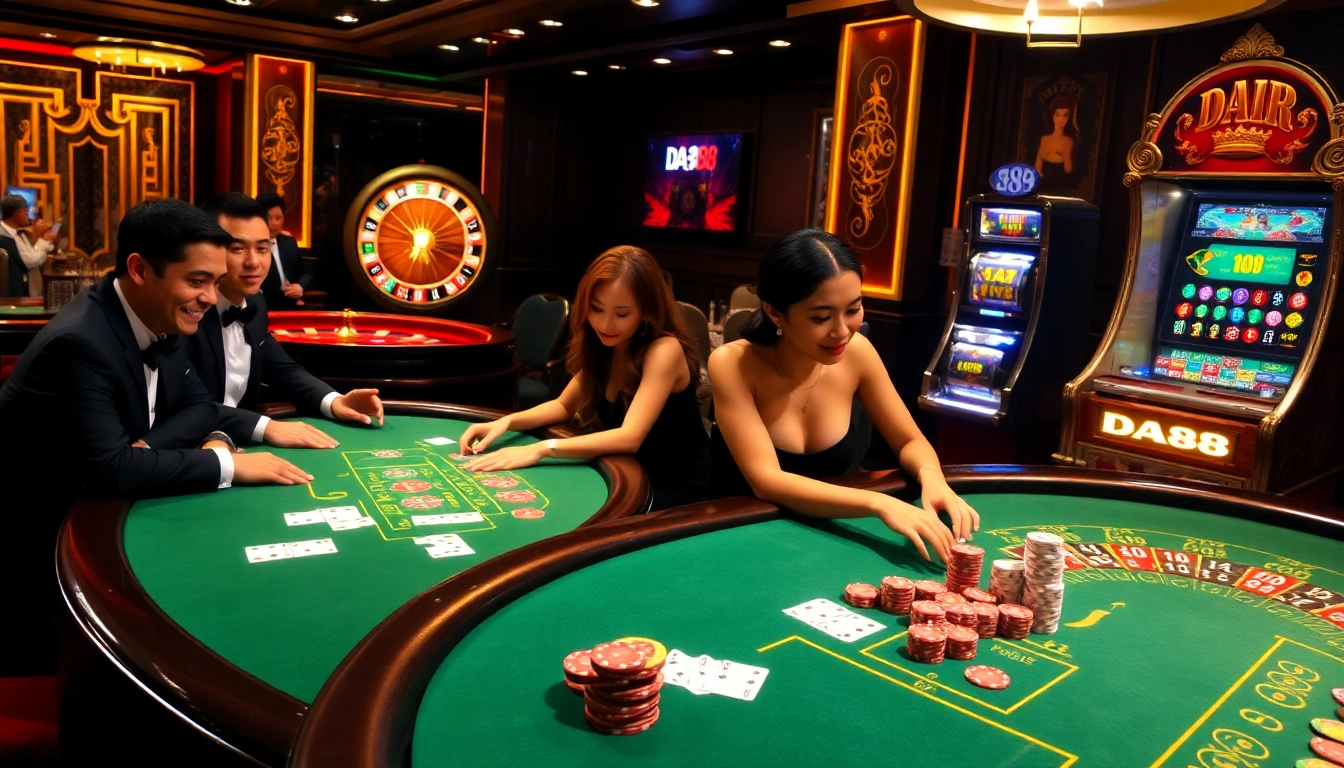 DA88 players enjoying a thrilling game at an upscale casino table, showcasing vibrant chips and cards.