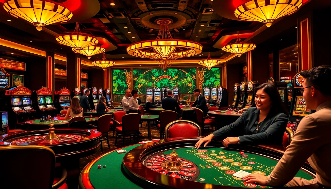 Experience the thrill of winning at https://vaoluoitv.cv/ with a vibrant casino atmosphere showcasing poker tables and roulette wheels.