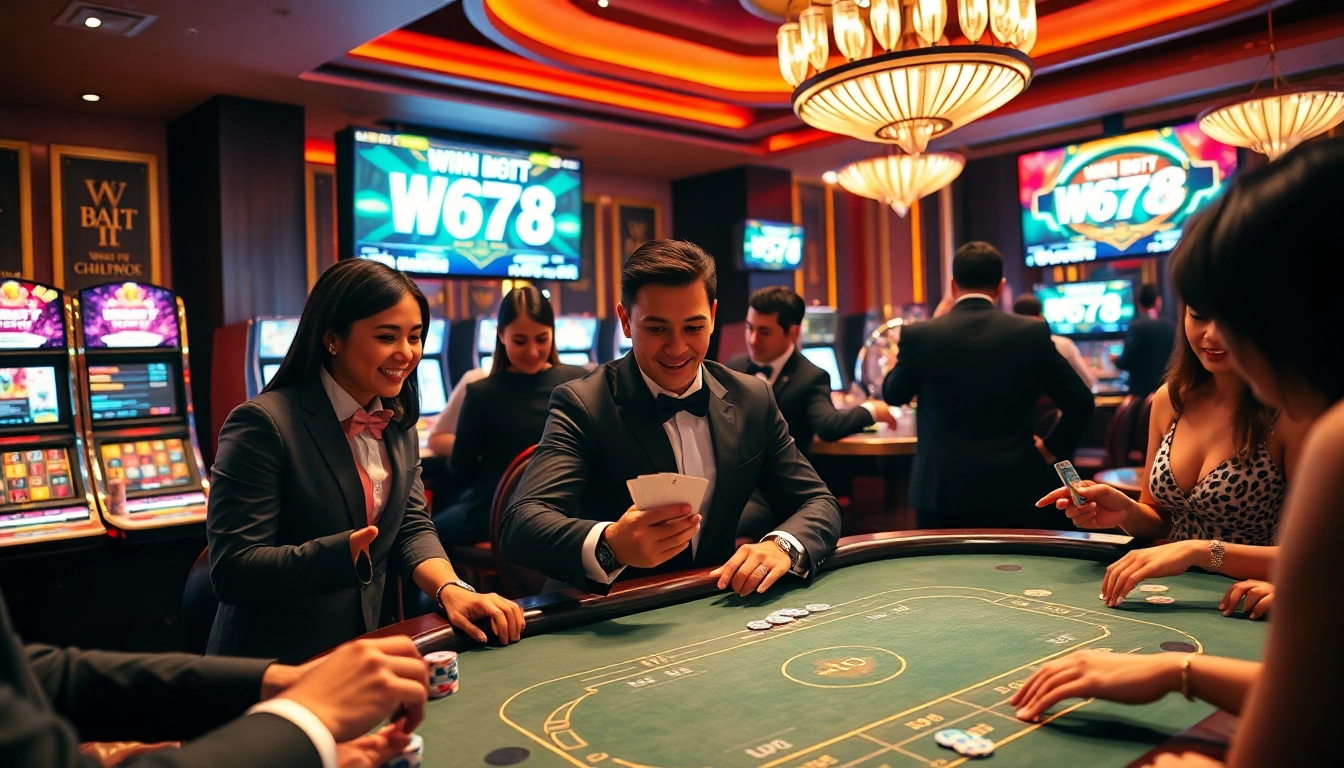 Players enjoying thrilling moments at win678 online gambling with poker chips, roulette, and slot machines.