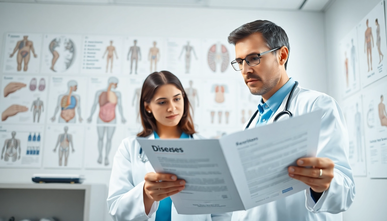 Krankheiten Informationen durch Arzt, der Patientenunterlagen in klinischem Raum überprüft.