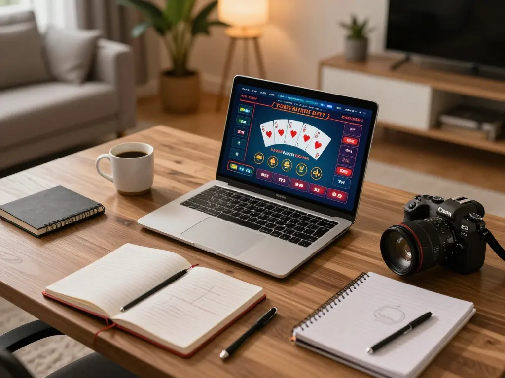 Engaging online gaming experience at https://rikbet.global/ showcasing a player strategizing with poker cards on a laptop in a cozy atmosphere.