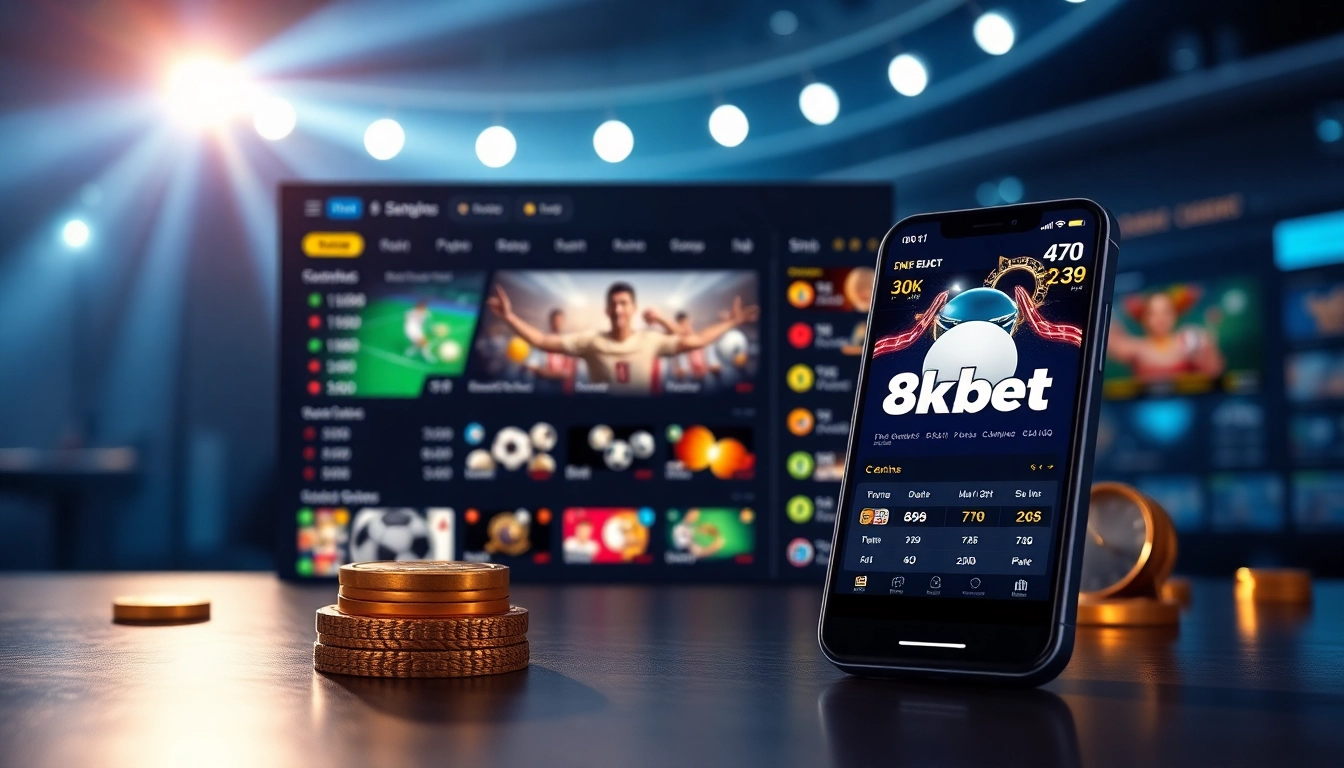 Experience the thrill of 8kbet with a luxurious online betting platform showcasing casino games and sports betting.