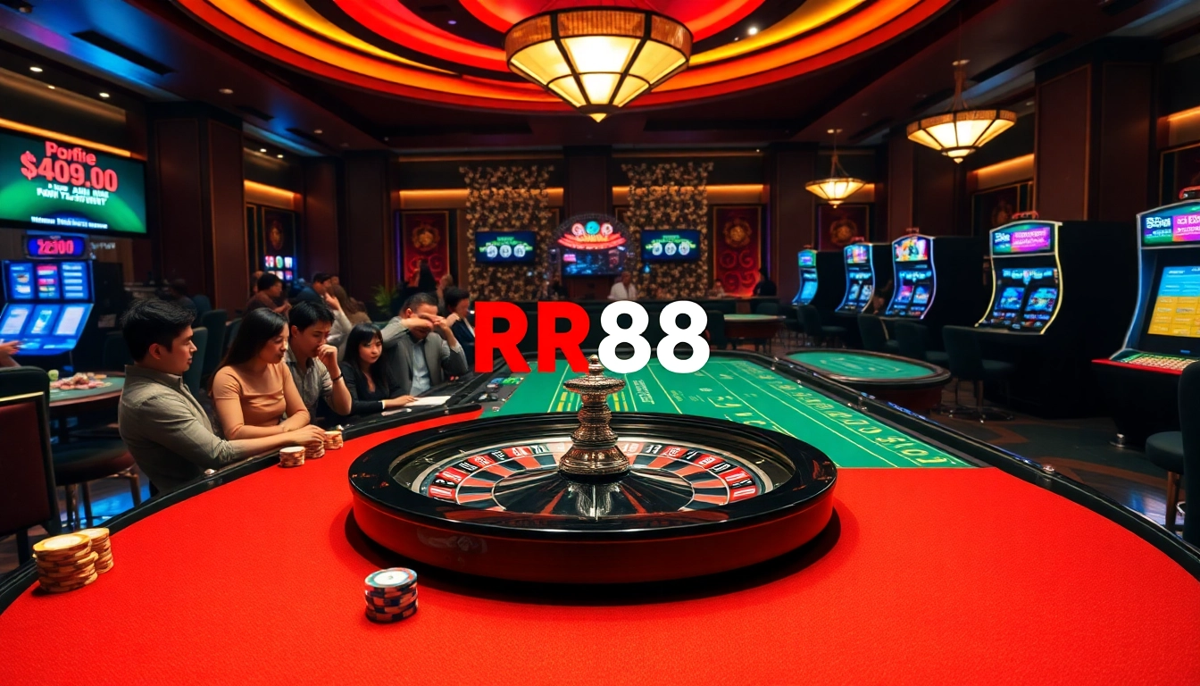 RR88 casino scene featuring players engaging at a roulette table and vibrant poker chips.