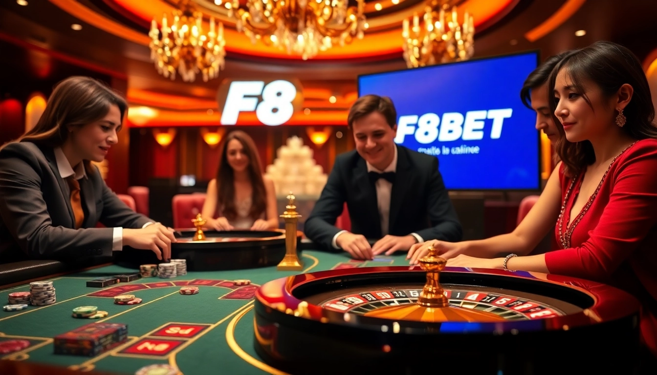 Players engaging in exciting high-stakes games at F8BET casino, showcasing a lively gambling atmosphere.