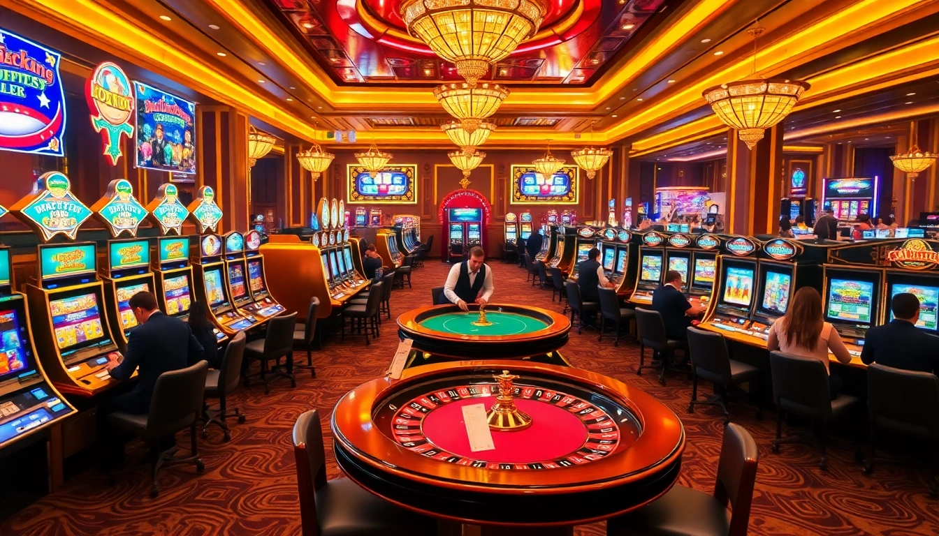 Experience the thrill of C168 casino with players engaging at poker tables and vibrant slot machines.