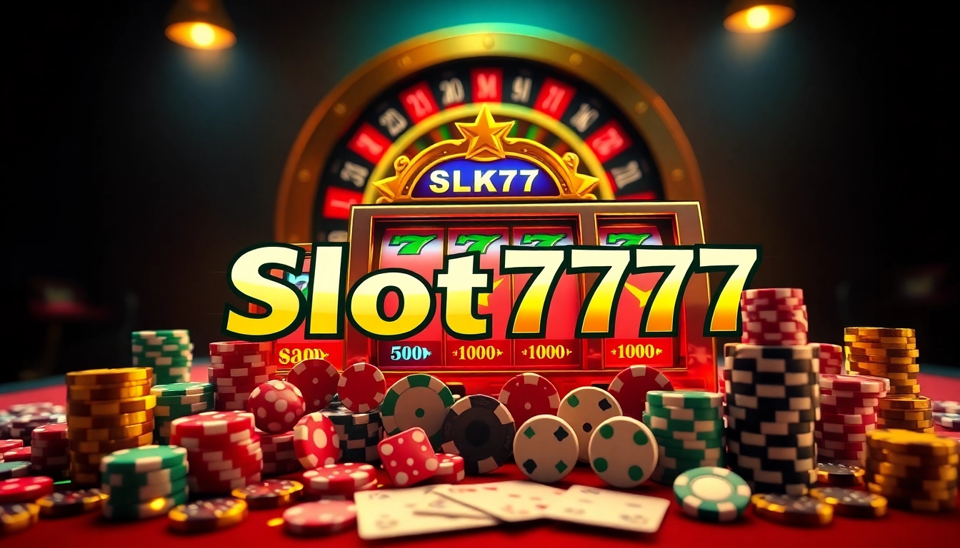 Winning at Slot777 with vibrant casino elements like slot machines and poker chips.