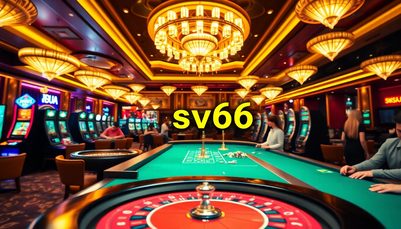 Experience seamless sv66 đăng nhập at an elegant casino with vibrant gaming tables and slot machines.