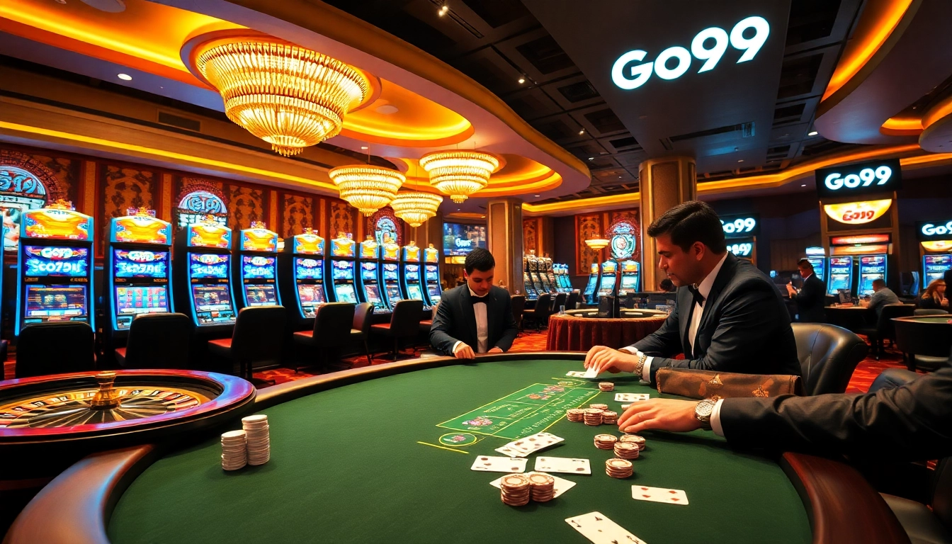 Experience the thrill of Go99 gaming with vibrant casino visuals featuring slot machines and roulette.