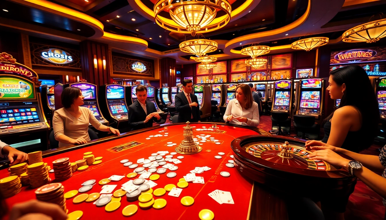 CM88 players enjoying a vibrant casino atmosphere with poker tables and slot machines.