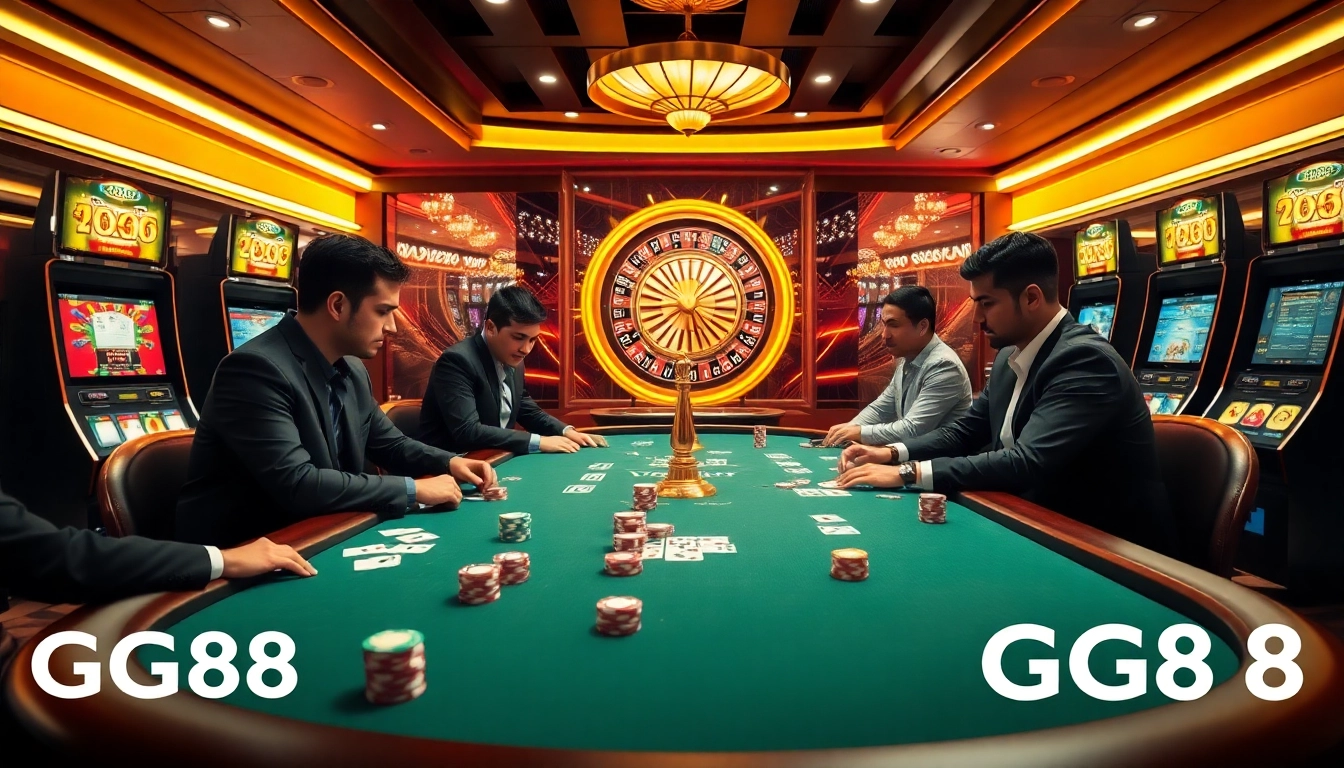 GG88 players strategizing at a high-stakes poker table with vibrant casino elements.