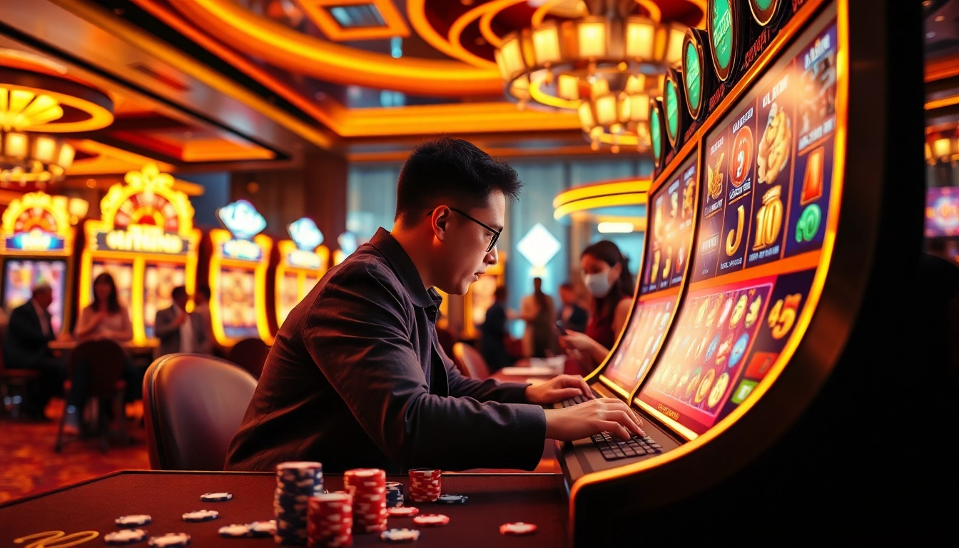 Experience thrilling nổ hũ gameplay surrounded by luxurious casino elements and vibrant slot machines.