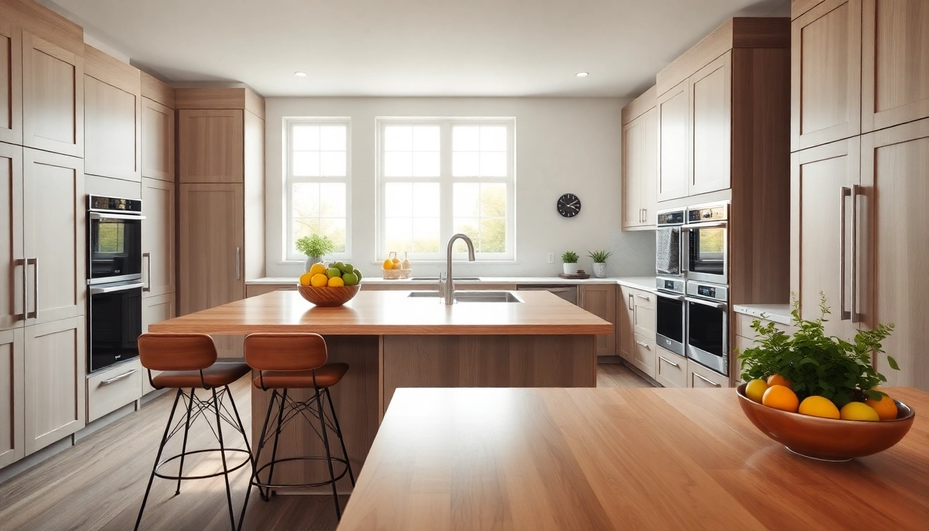 Remodeling a modern kitchen with elegant cabinetry and bright natural light, featuring a polished wooden island.