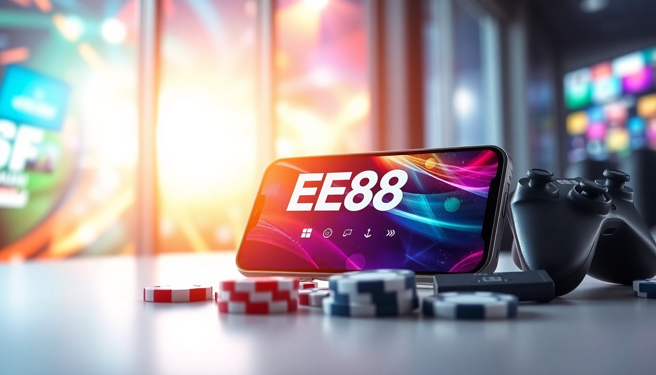 Tải app ee88 on a smartphone amidst gaming elements, showcasing vibrant online gaming experience.