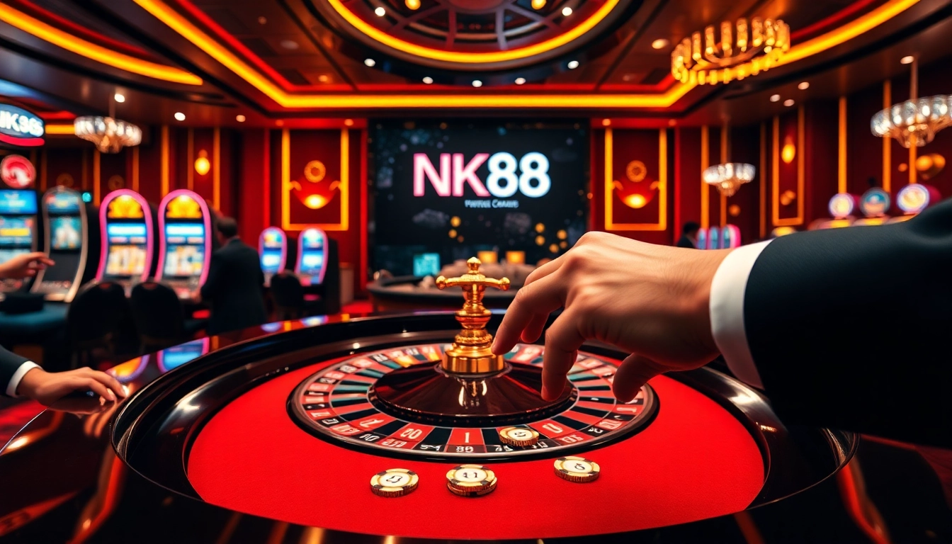 NK88 players engaging with luxurious casino gaming, placing bets at a roulette table.