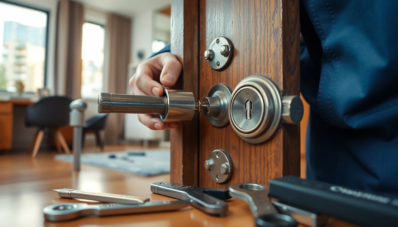Schlüsseldienst Berlin 24h: Ein erfahrener Schlüsseldiensttechniker repariert ein Türschloss in Berlin.