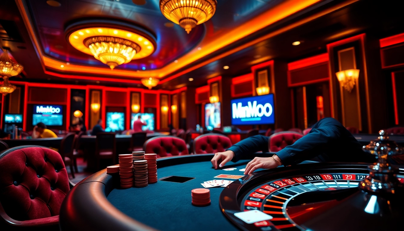 MMOO player experiencing an exciting live poker game at a luxurious casino table with vibrant lighting.