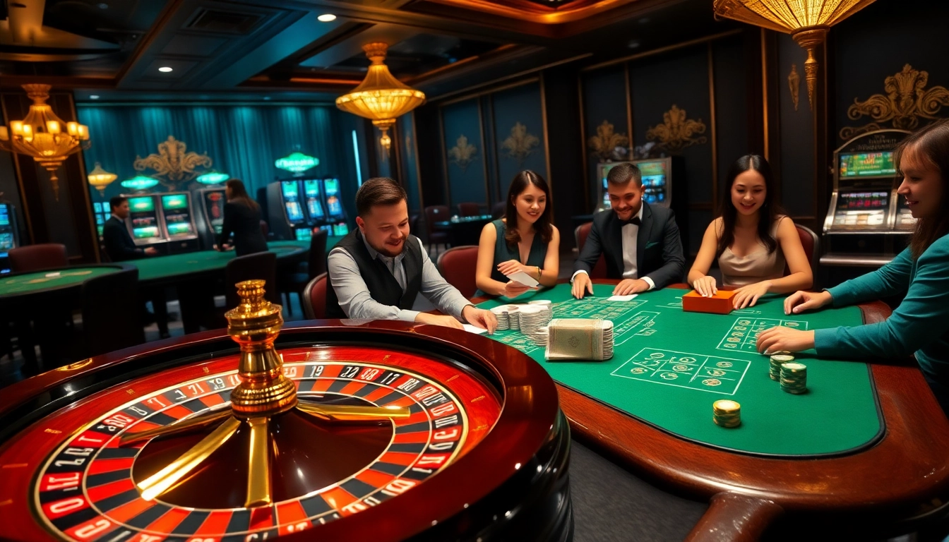 Players enjoying high-stakes games at a casino featuring C168 elements like classic roulette and poker.