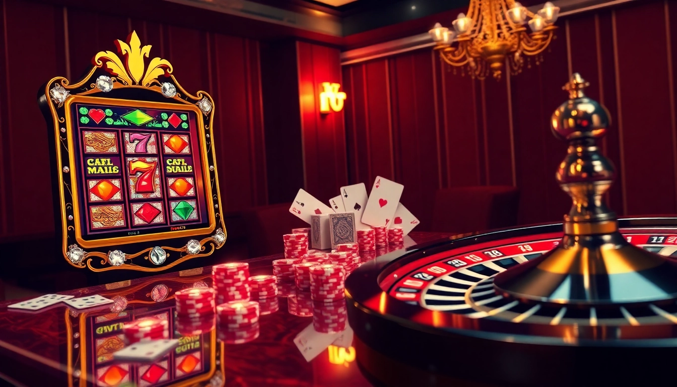 Nohu90 casino scene featuring vibrant slot machines and poker chips on a luxurious table.