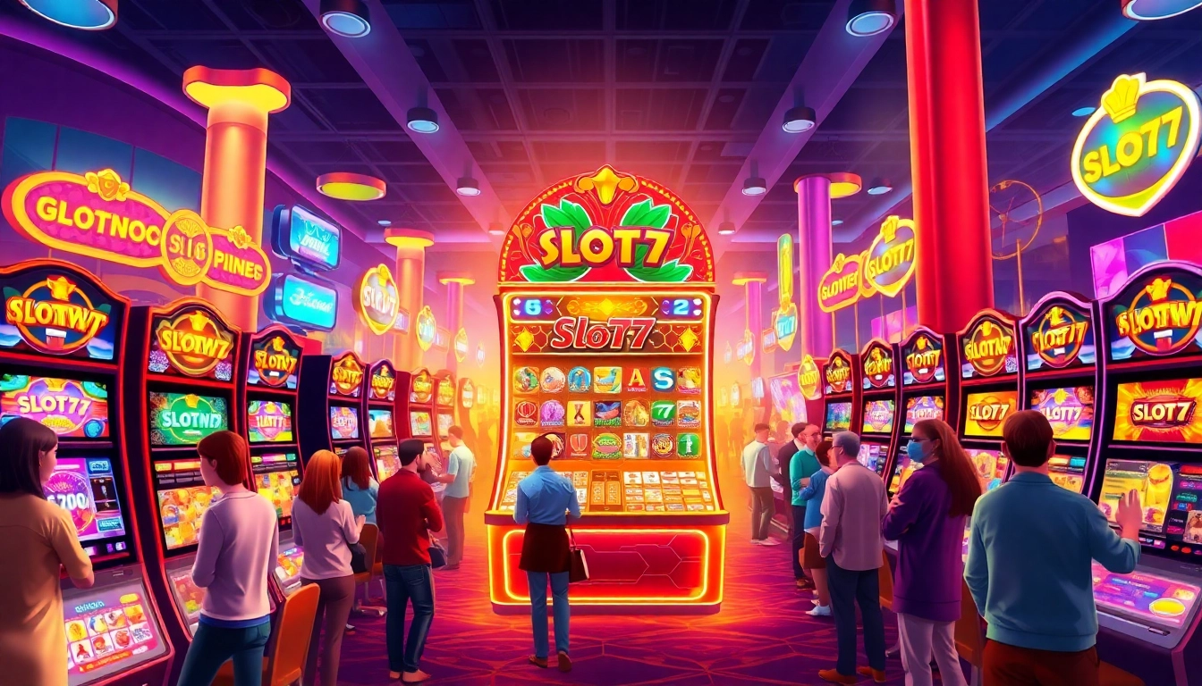 Slot77 mesin kasino menampilkan pemain yang antusias di lantai judi