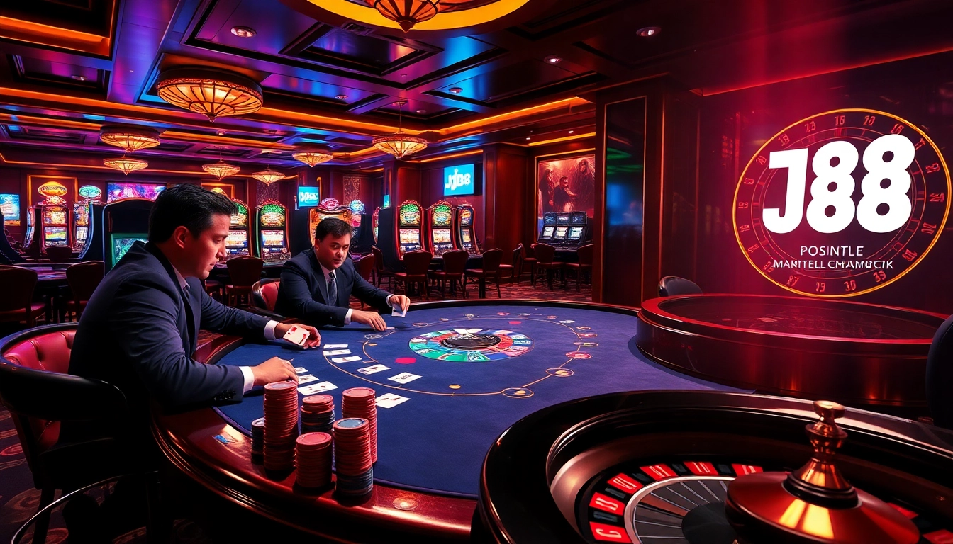 Experience the thrill of the J88 casino with vibrant gaming tables and spinning slot machines.