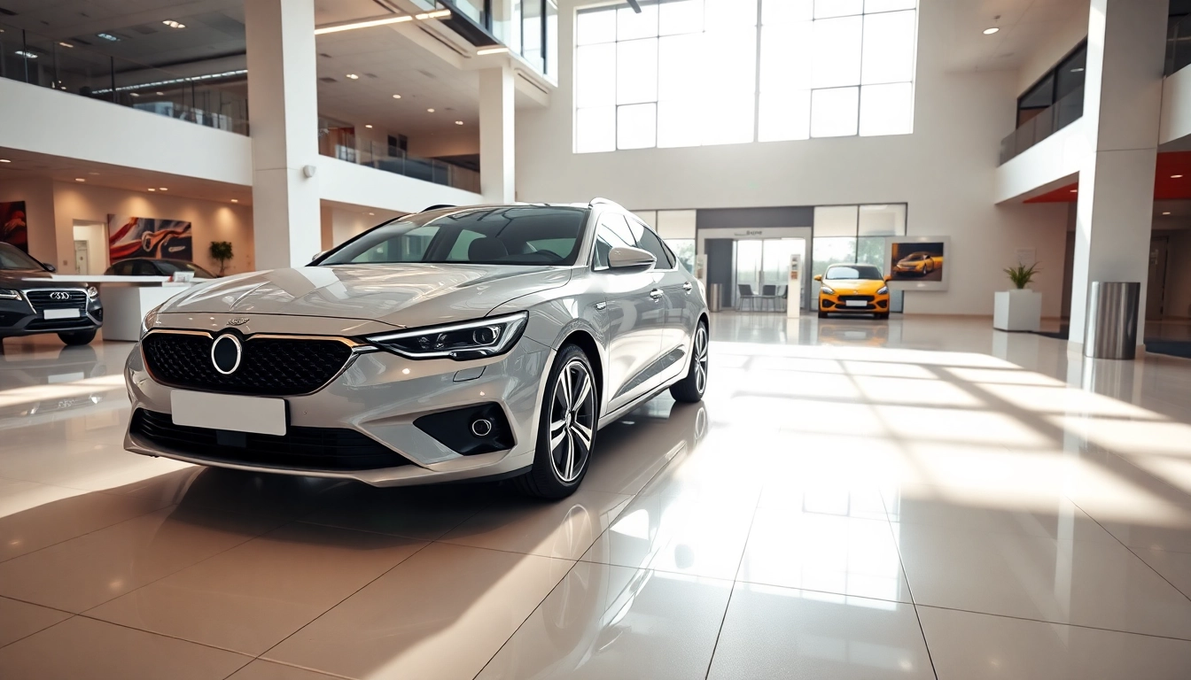 Auto kaufen in einem modernen Showroom mit einem neuen Modelle im Vordergrund.