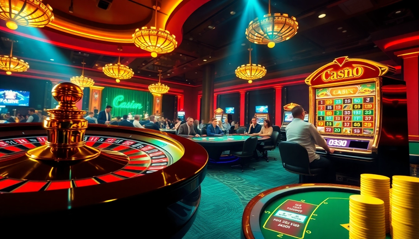 Engaging scene of exciting gambling action at https://hz88.life/ featuring a roulette wheel and poker tables.