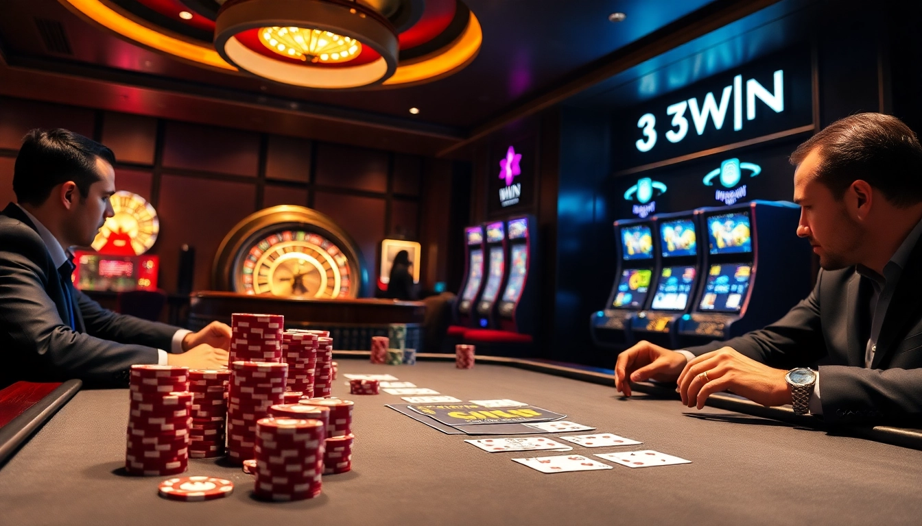 Enjoying a high-stakes poker game at 3WIN casino with chips and cards