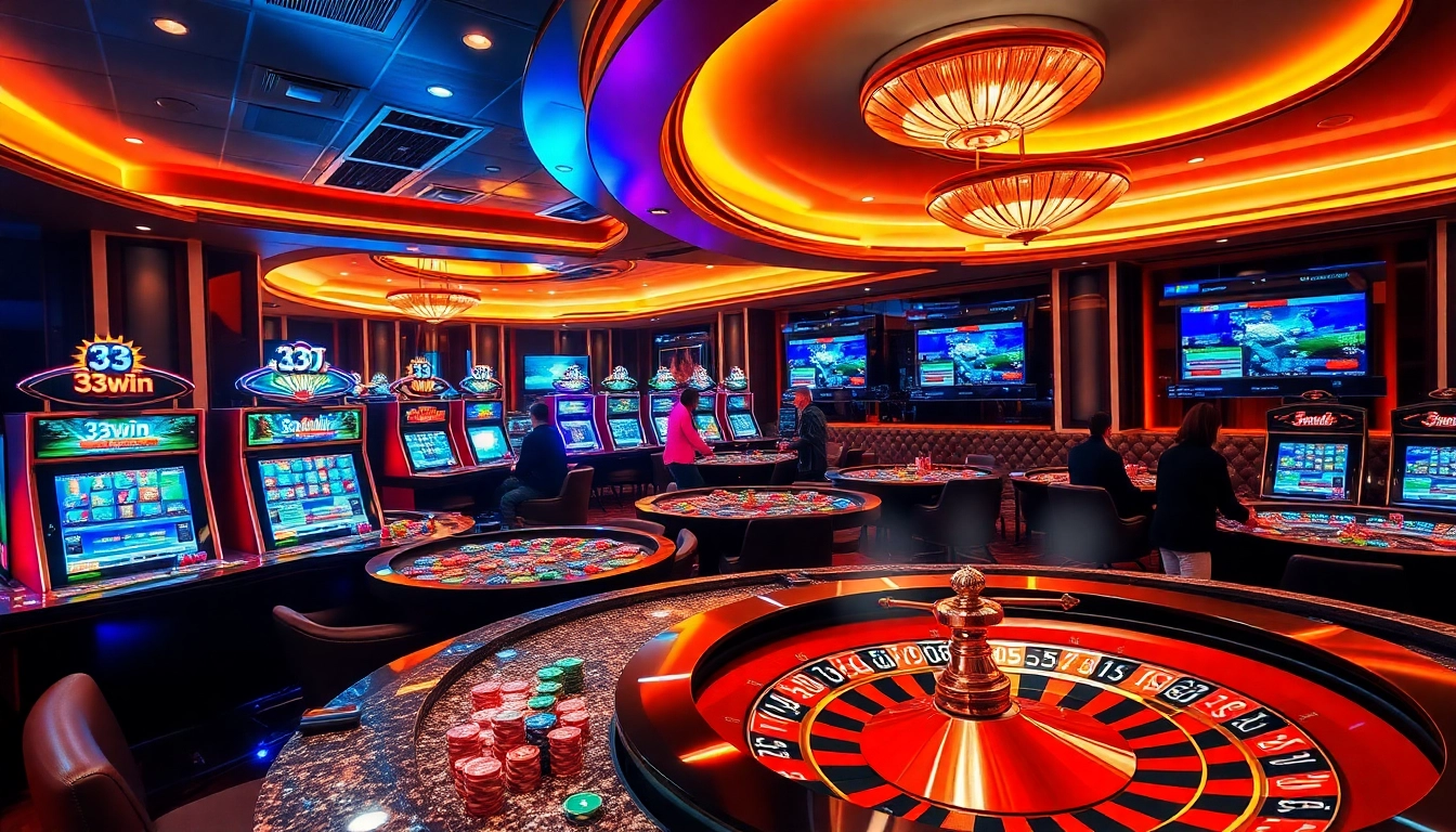 Exciting scene of gamblers enjoying a vibrant online casino atmosphere with 33win branding prominently featured.