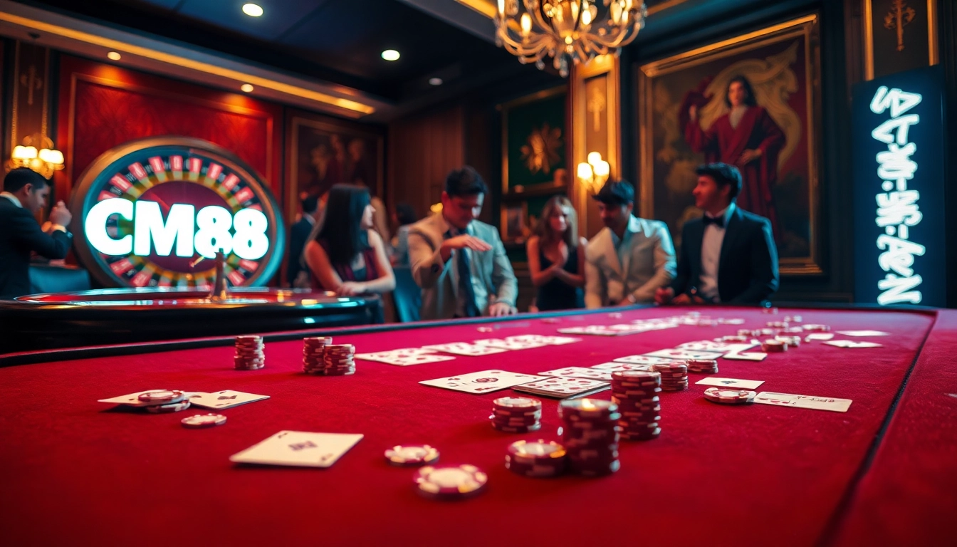 Players enjoying a game at a casino table, featuring CM88 poker chips and a roulette wheel.
