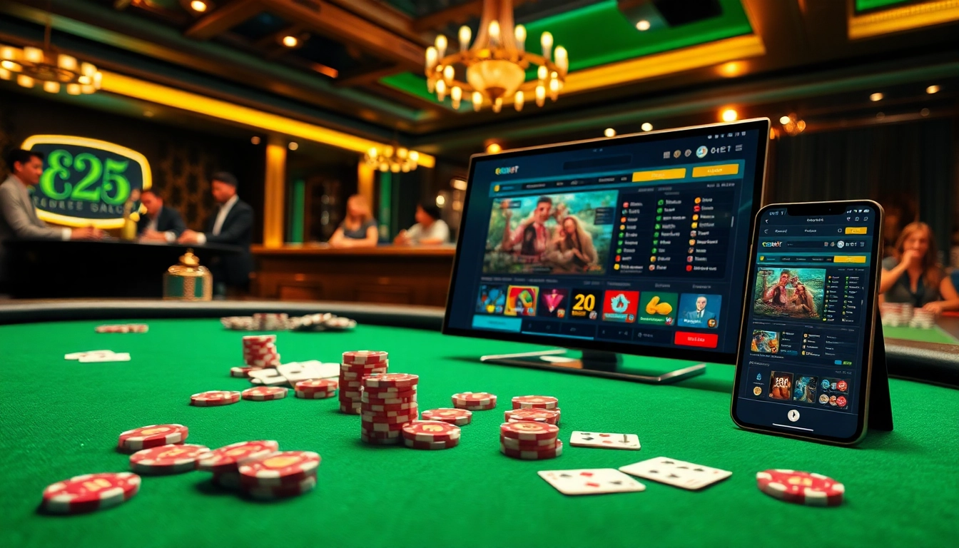 Experience the excitement of e2bet with a vibrant casino scene featuring poker chips and cards.