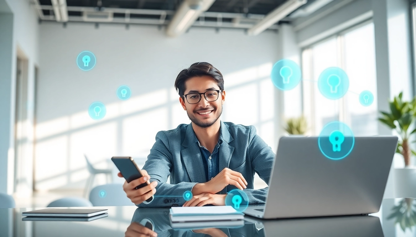 快连下载 - 用户在现代办公室环境中通过设备轻松连接快速 VPN。