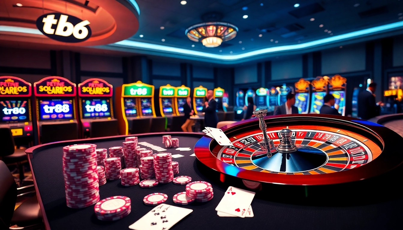 Experience the thrill of tr88 at a glamorous casino table filled with poker chips and cards.