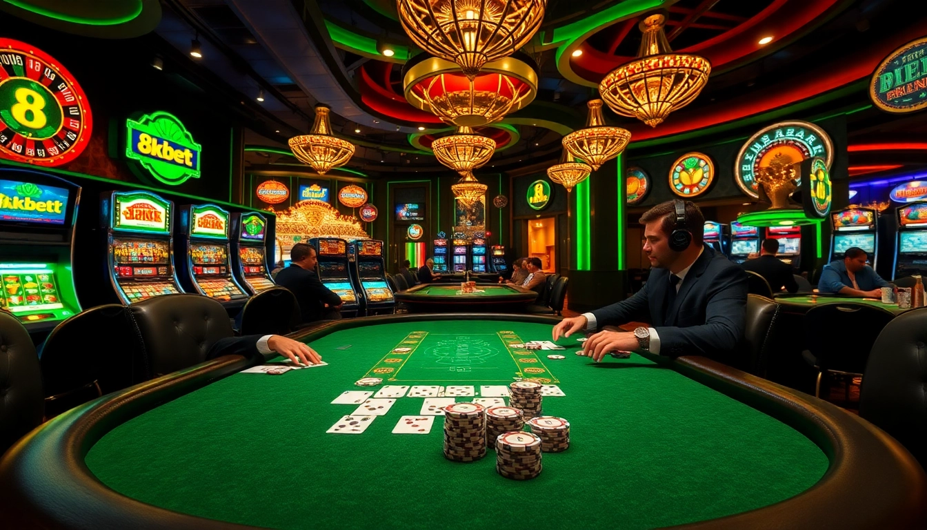 Experience the thrill of high-stakes gaming at 8kbet8 casino with luxurious poker tables and vibrant slot machines.