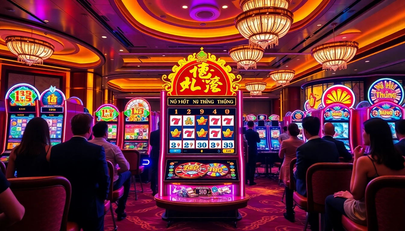 Players engaging with the Nổ Hũ Đổi Thưởng slot machine in a vibrant casino setting.