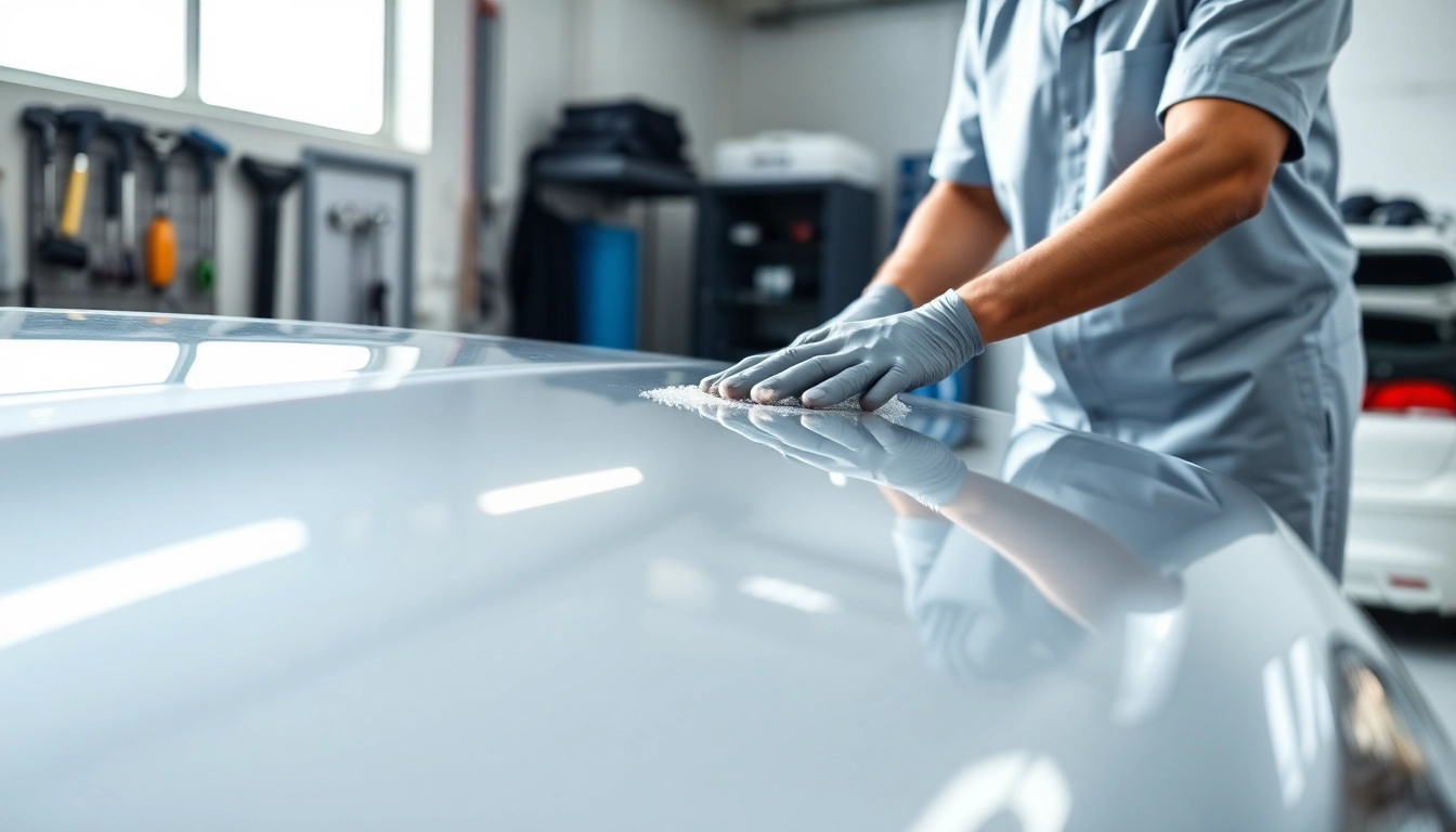 Die Fahrzeugaufbereitung zeigt eine professionelle Reinigung durch einen Techniker in einer modernen Garage.