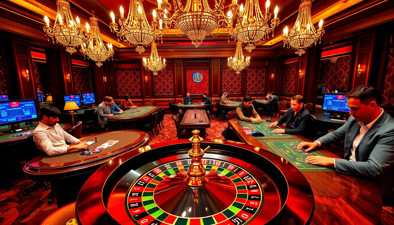 Experience thrilling gaming moments at https://m98.uno/ with players at the poker table and roulette wheel.