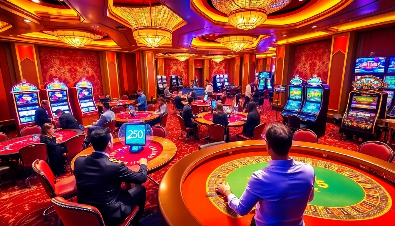Experience excitement at twin68.gr.com with luxurious casino tables filled with players.