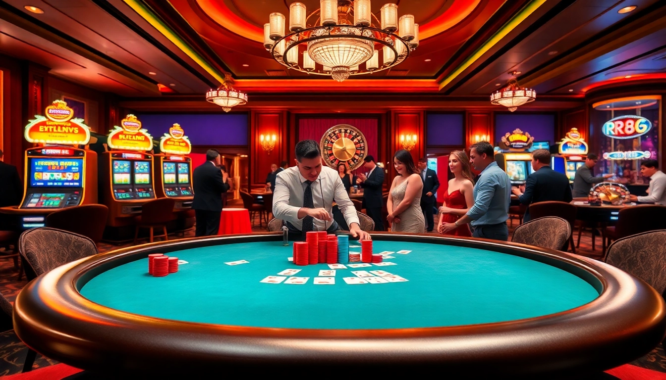 rr88 đăng nhập at a luxurious casino with poker chips and a roulette wheel, emphasizing excitement.