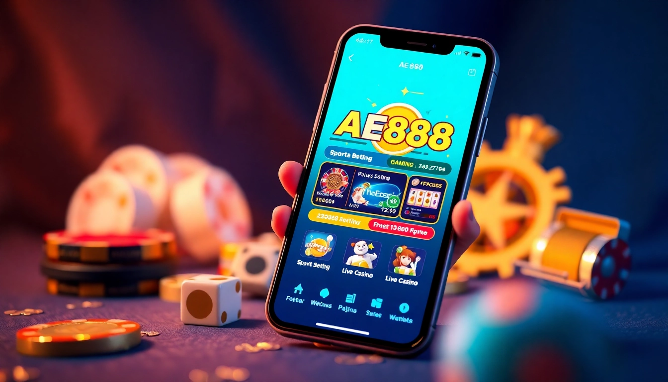 Explore the exciting features of Trang chủ AE888's online gaming platform with a vibrant app interface.