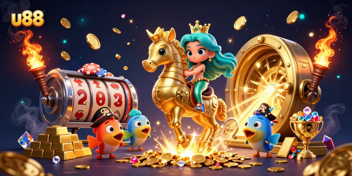 Play at u88 with dynamic scenes of prizes, casino elements, and the excitement of winning.