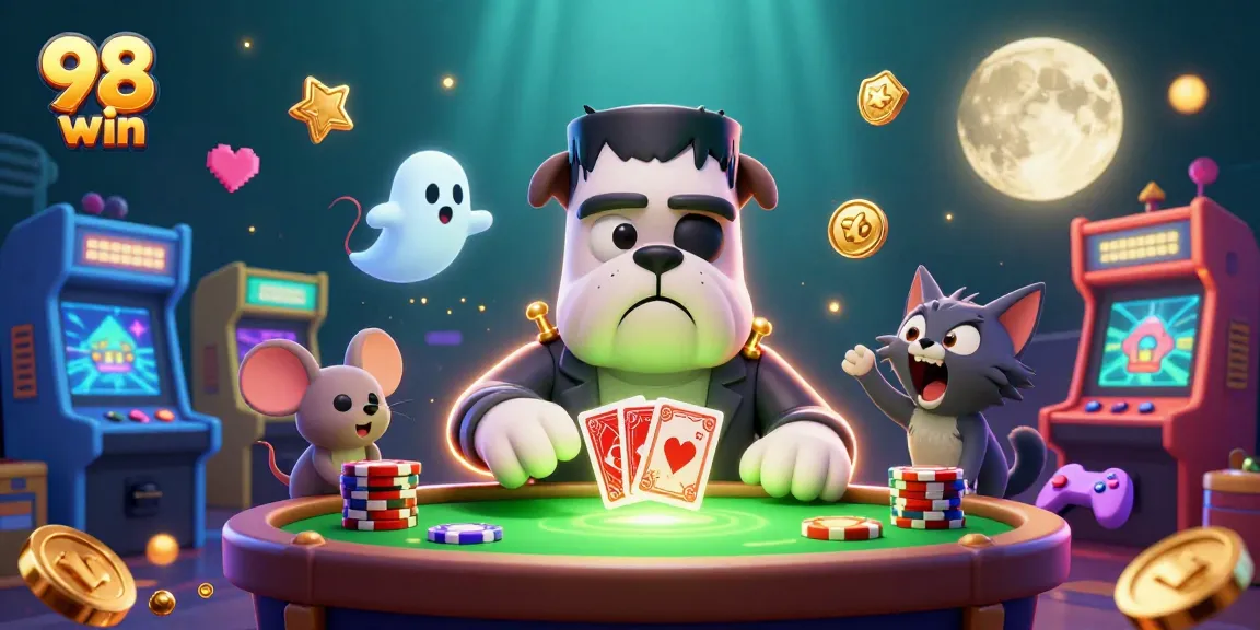 Experience the excitement of 98 win through a captivating 3D casino illustration with colorful game elements.