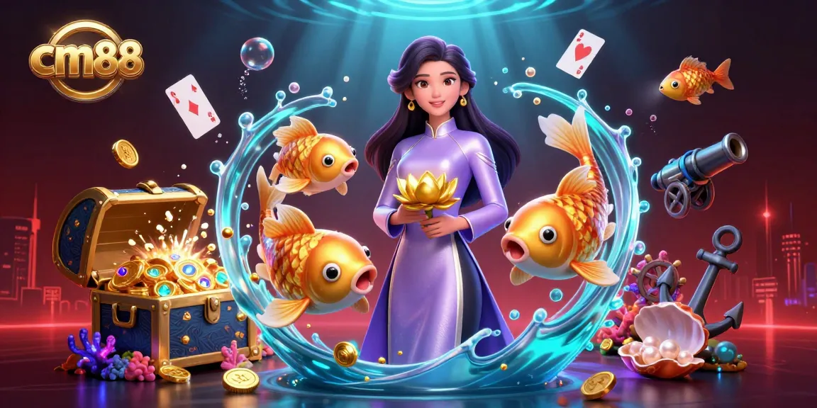 Experience the thrills of cm88 with a vibrant 3D illustration of casino action and aquatic adventure.